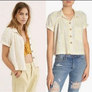 We The Free linen large short sleeve yellow and white striped crop top.